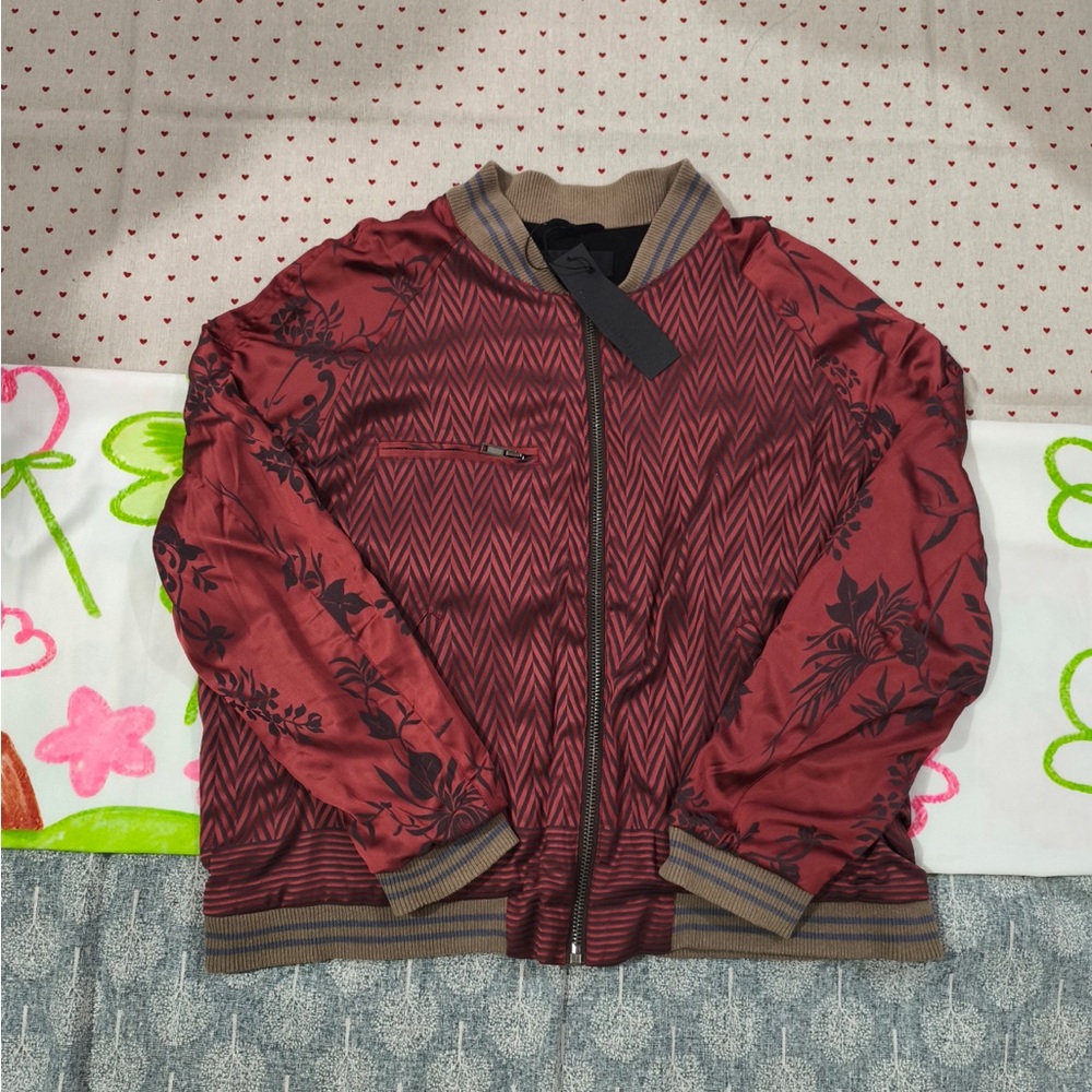 Haider Ackermann Red Patterned Bomber Jacket with Floral Sleeves